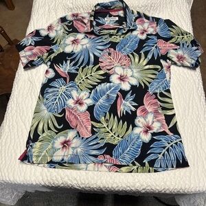 Tommy Bahama Black Floral Camp Shirt with Blue and Pink Accents